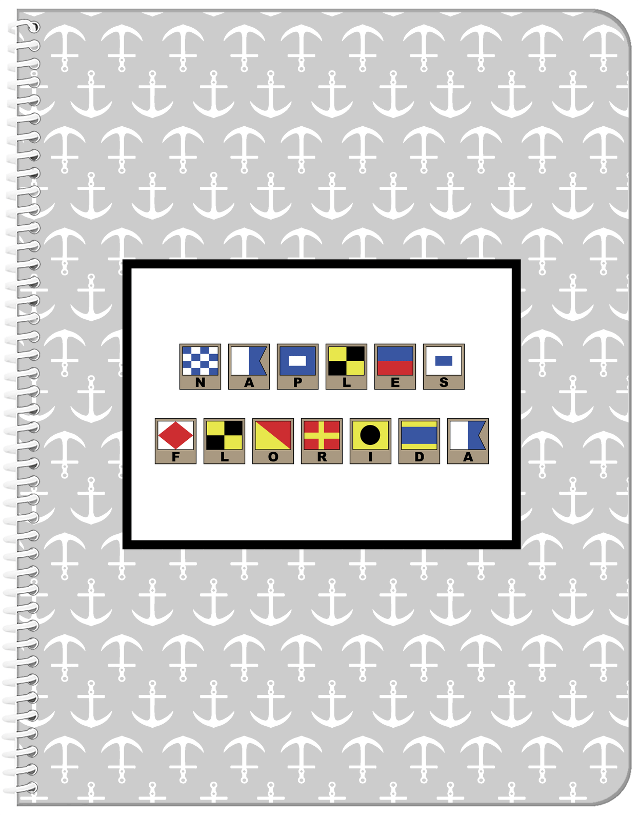 Personalized Nautical Flags Notebook with Anchors - Grey and Black - Flags with Light Brown Frames - Front View