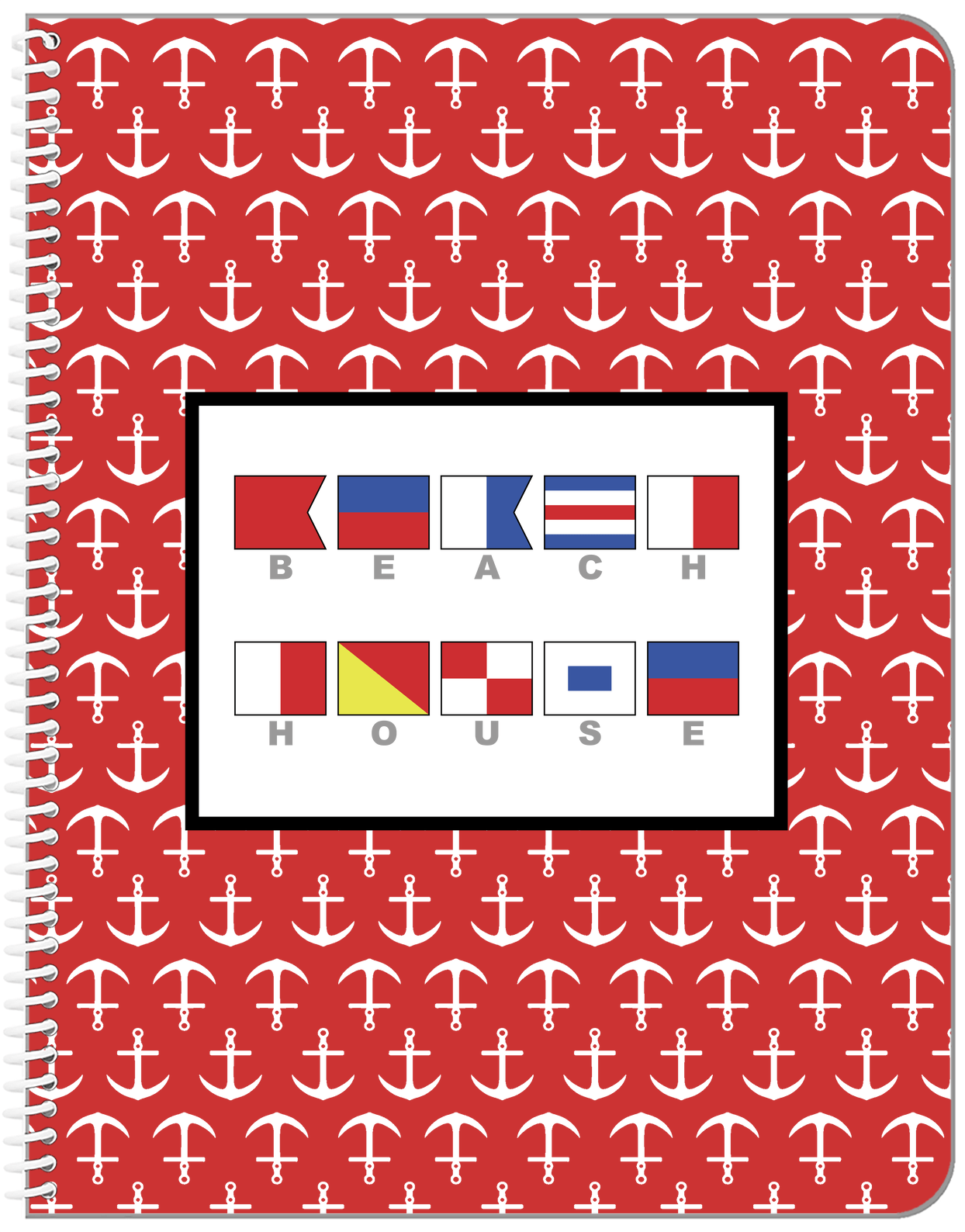 Personalized Nautical Flags Notebook with Anchors - Red and Black - Flags with Grey Letters - Front View