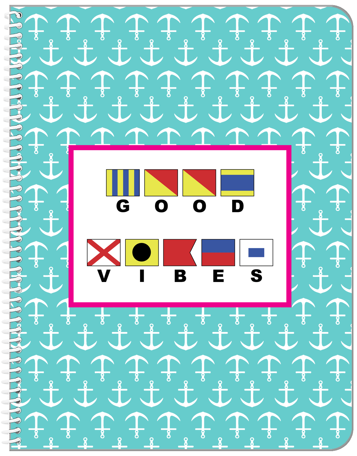 Personalized Nautical Flags Notebook with Anchors - Teal and Pink - Flags with Large Letters - Front View
