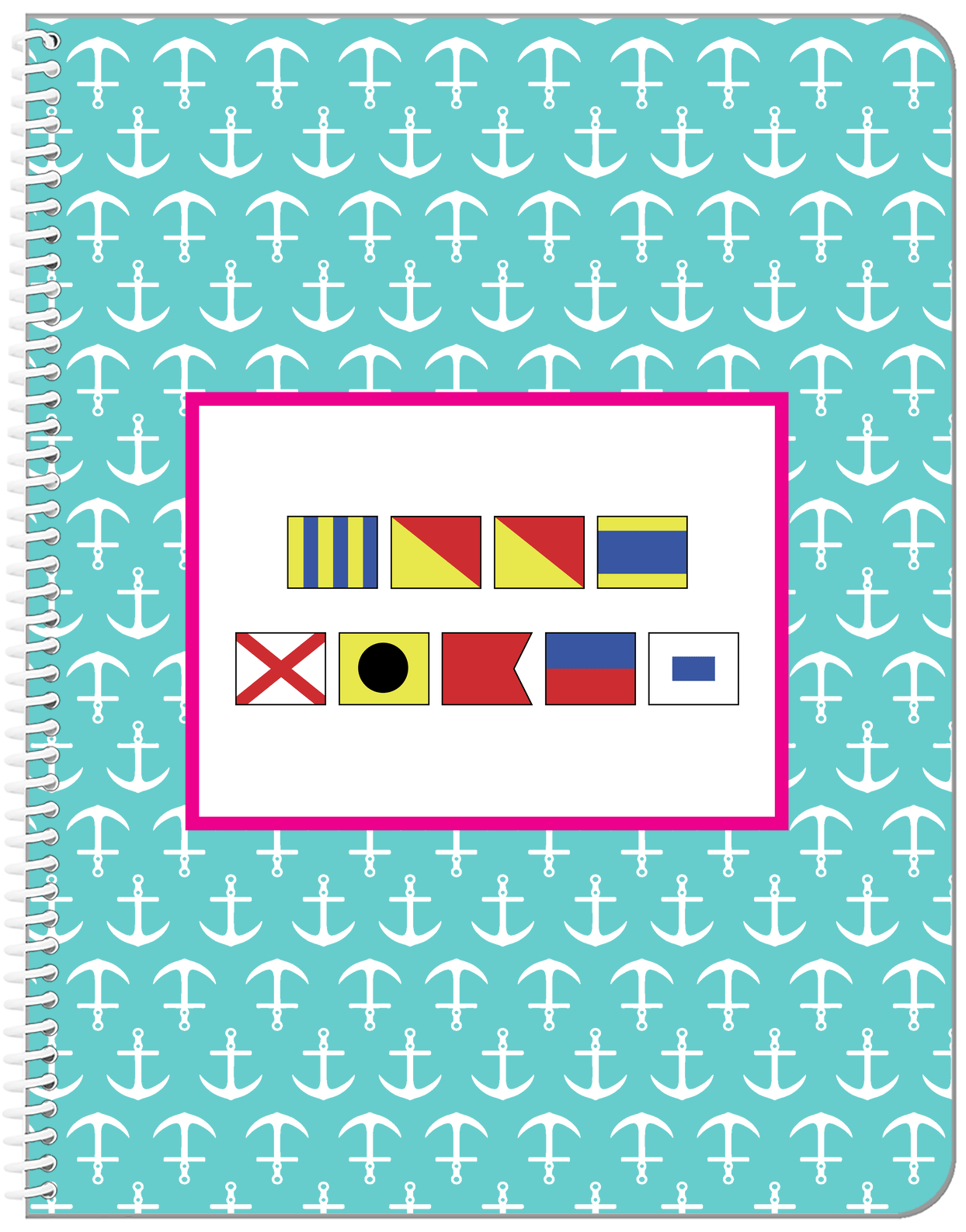 Personalized Nautical Flags Notebook with Anchors - Teal and Pink - Flags without Letters - Front View