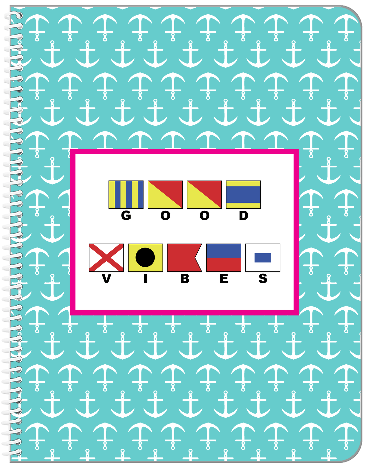 Personalized Nautical Flags Notebook with Anchors - Teal and Pink - Flags with Small Letters - Front View