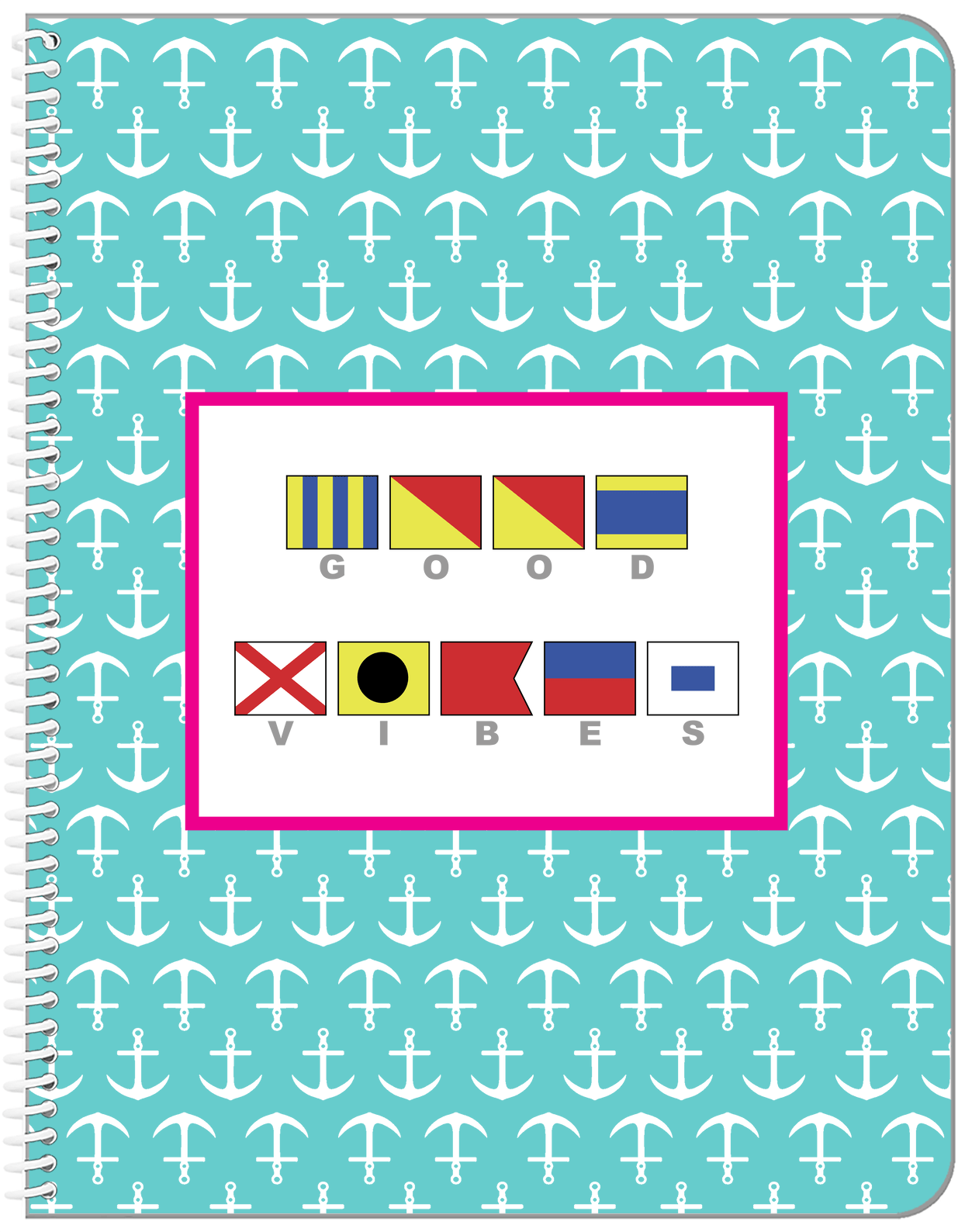 Personalized Nautical Flags Notebook with Anchors - Teal and Pink - Flags with Grey Letters - Front View