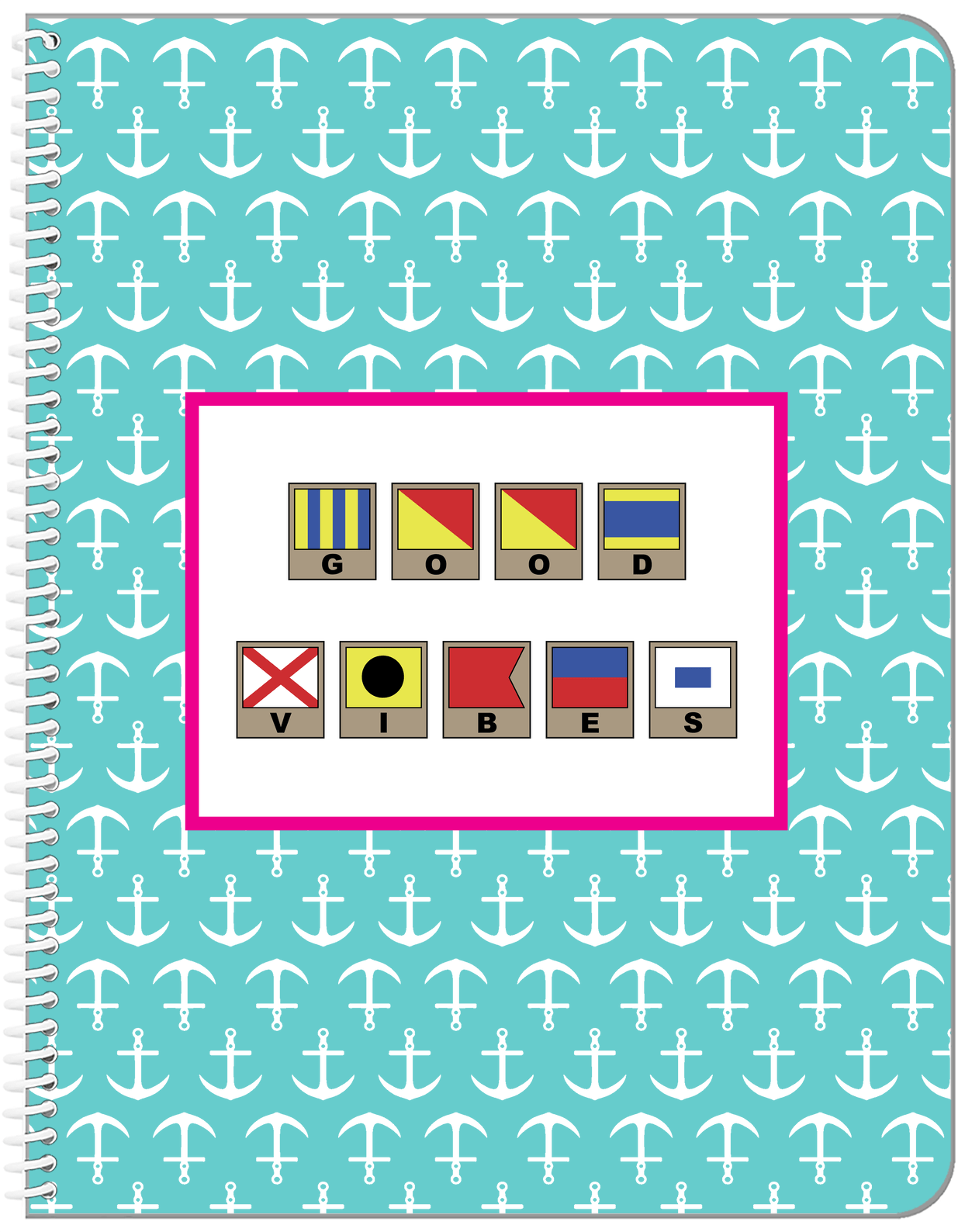 Personalized Nautical Flags Notebook with Anchors - Teal and Pink - Flags with Light Brown Frames - Front View