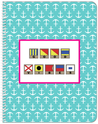 Thumbnail for Personalized Nautical Flags Notebook with Anchors - Teal and Pink - Flags with Light Brown Frames - Front View