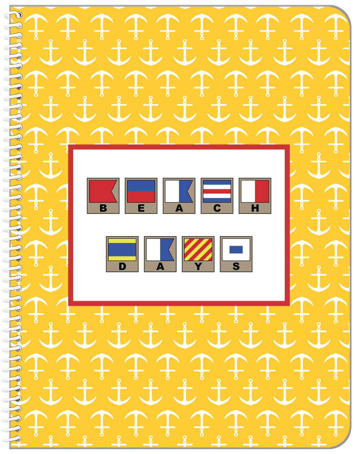 Personalized Nautical Flags Notebook with Anchors - Yellow and Red - Flags with Light Brown Frames - Front View