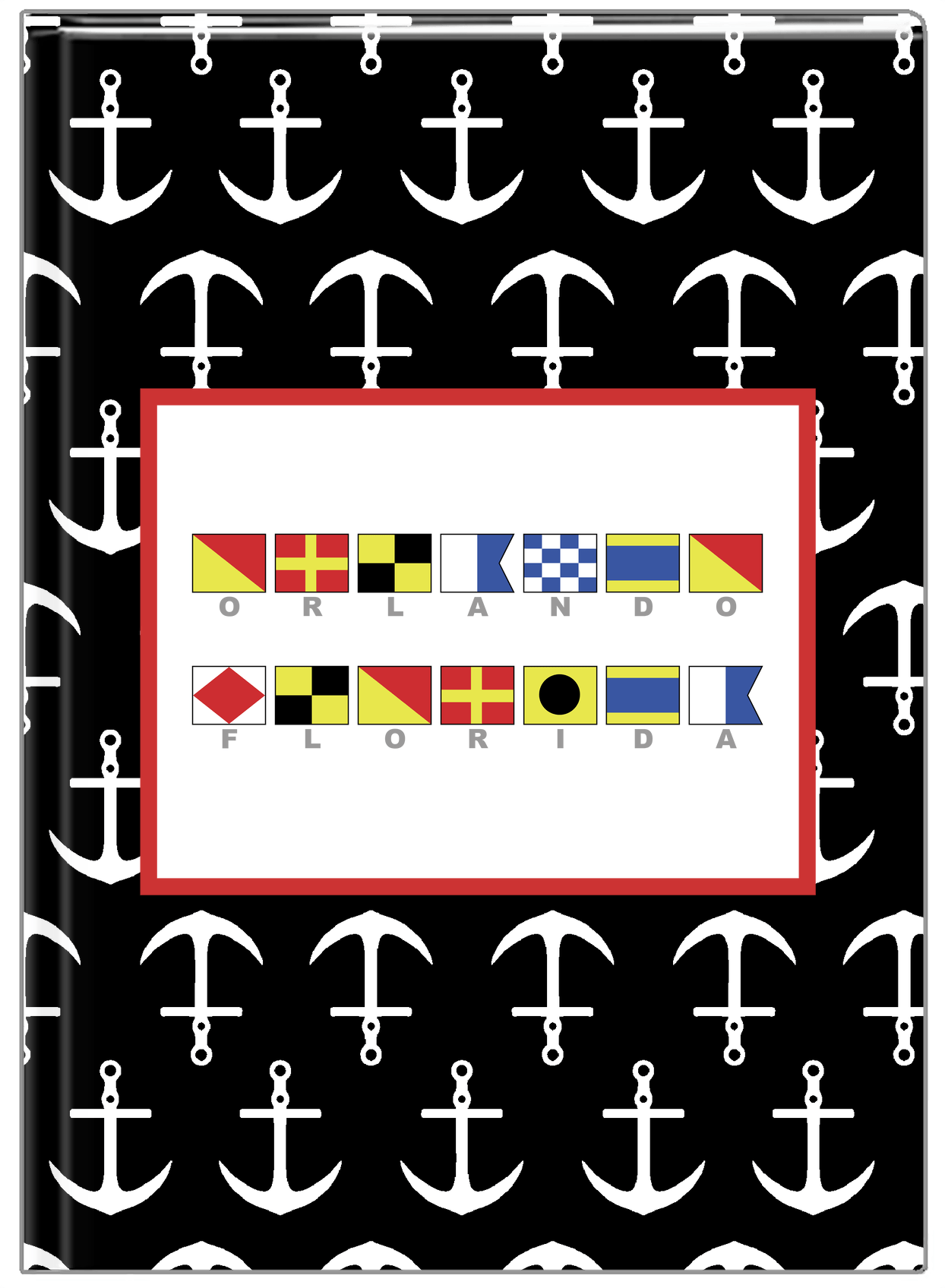 Personalized Nautical Flags Journal with Anchors - Black and Red - Flags with Grey Letters - Front View