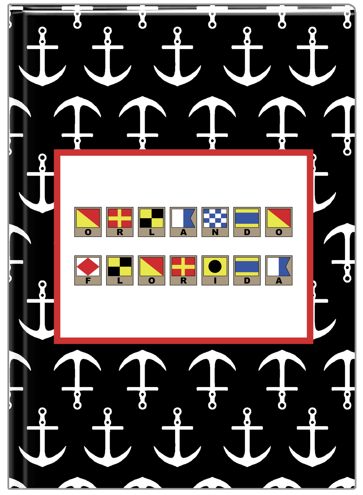 Personalized Nautical Flags Journal with Anchors - Black and Red - Flags with Light Brown Frames - Front View