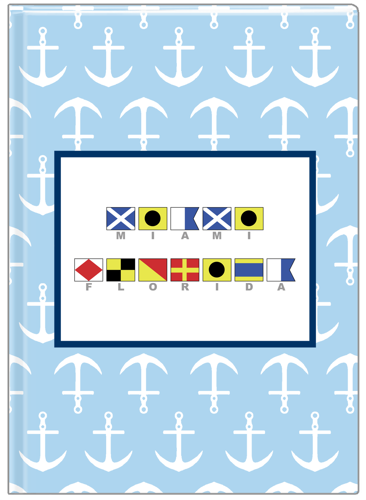 Personalized Nautical Flags Journal with Anchors - Blue and Navy - Flags with Grey Letters - Front View