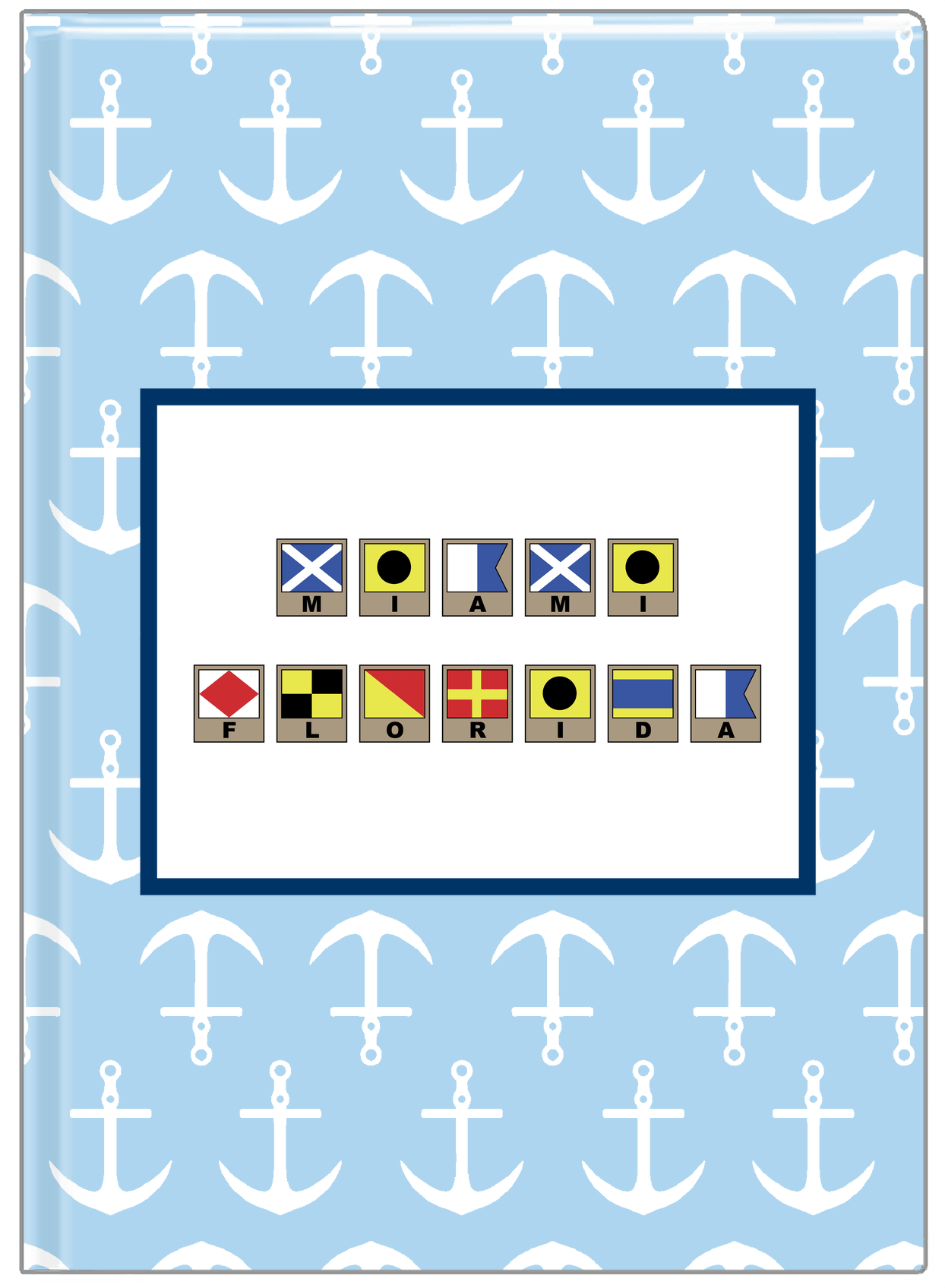 Personalized Nautical Flags Journal with Anchors - Blue and Navy - Flags with Light Brown Frames - Front View