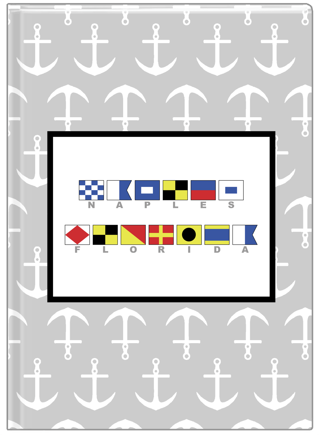 Personalized Nautical Flags Journal with Anchors - Grey and Black - Flags with Grey Letters - Front View