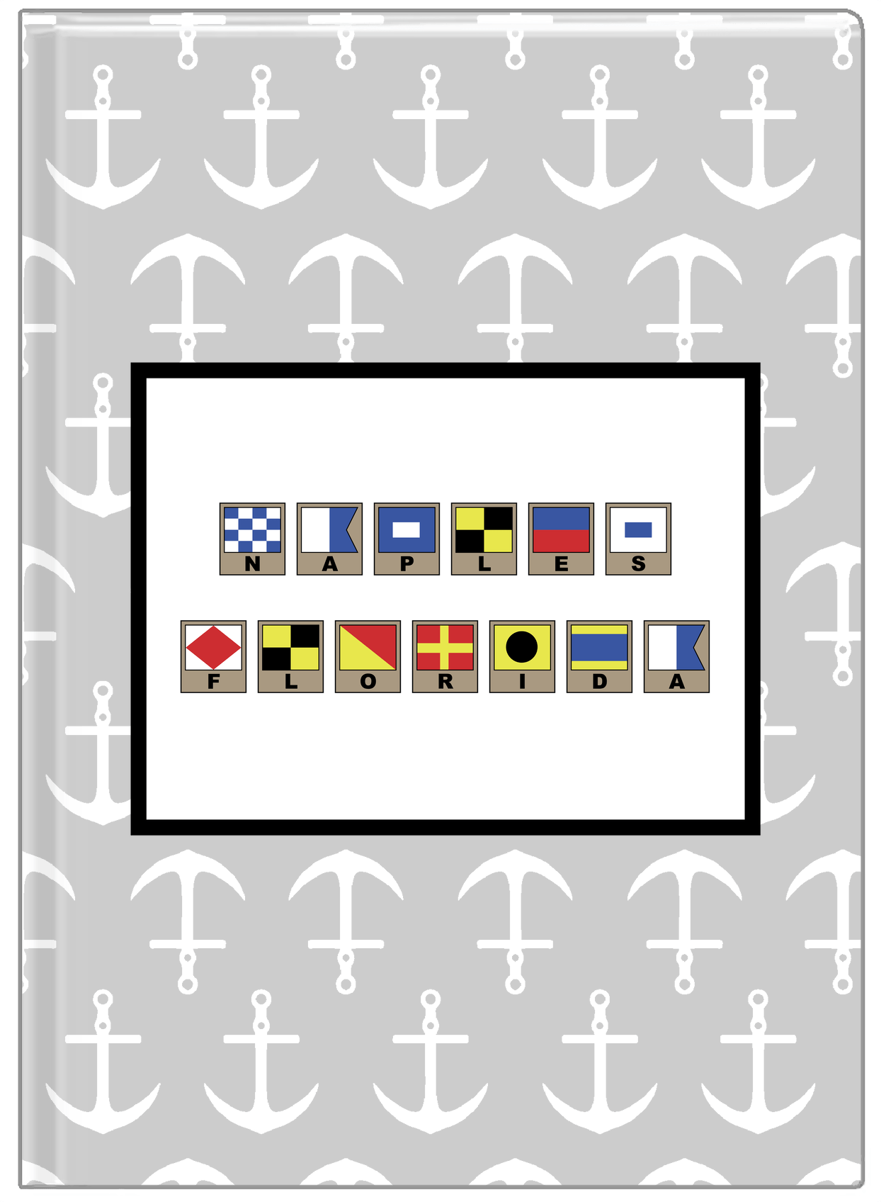 Personalized Nautical Flags Journal with Anchors - Grey and Black - Flags with Light Brown Frames - Front View