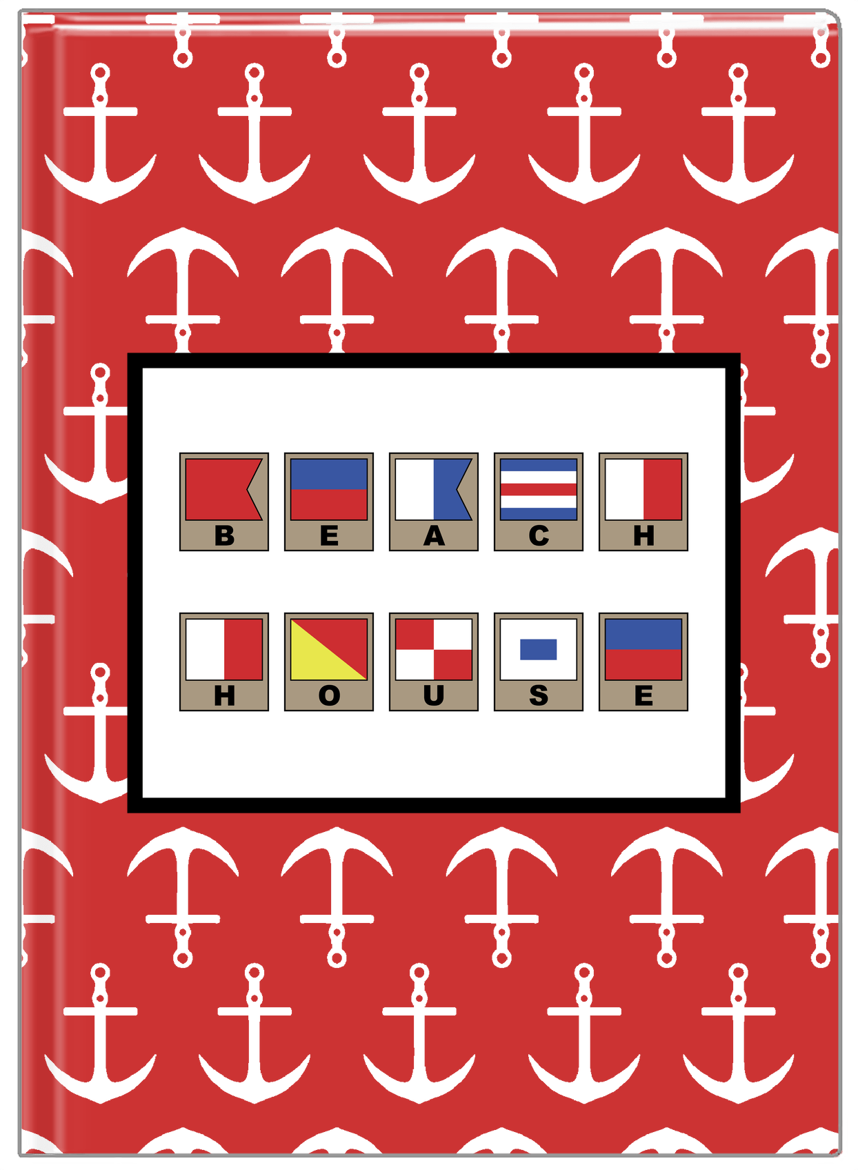Personalized Nautical Flags Journal with Anchors - Red and Black - Flags with Light Brown Frames - Front View