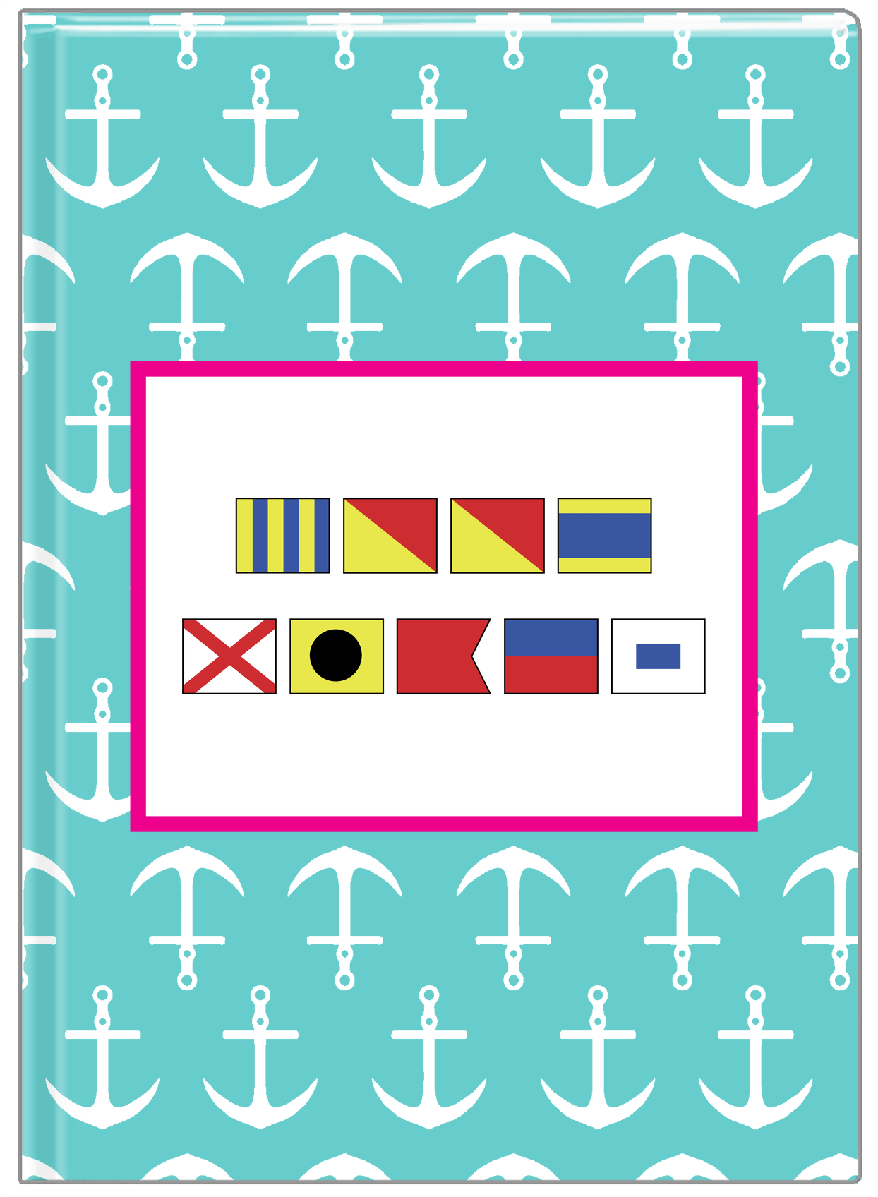 Personalized Nautical Flags Journal with Anchors - Teal and Pink - Flags without Letters - Front View