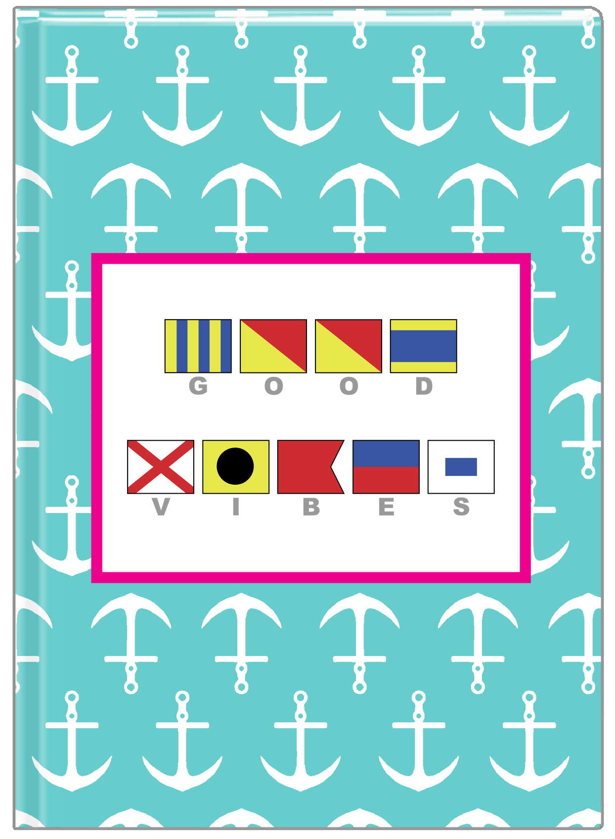 Personalized Nautical Flags Journal with Anchors - Teal and Pink - Flags with Grey Letters - Front View