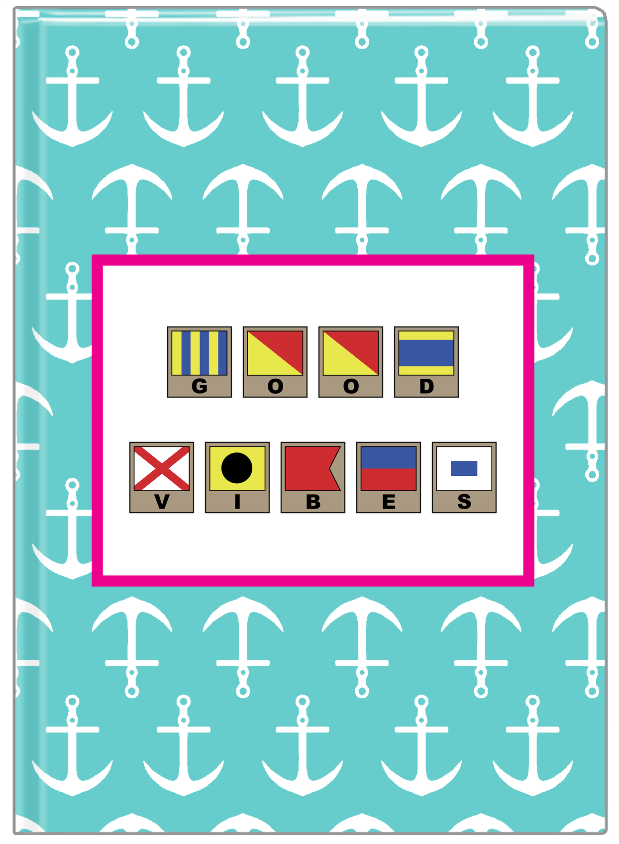 Personalized Nautical Flags Journal with Anchors - Teal and Pink - Flags with Light Brown Frames - Front View