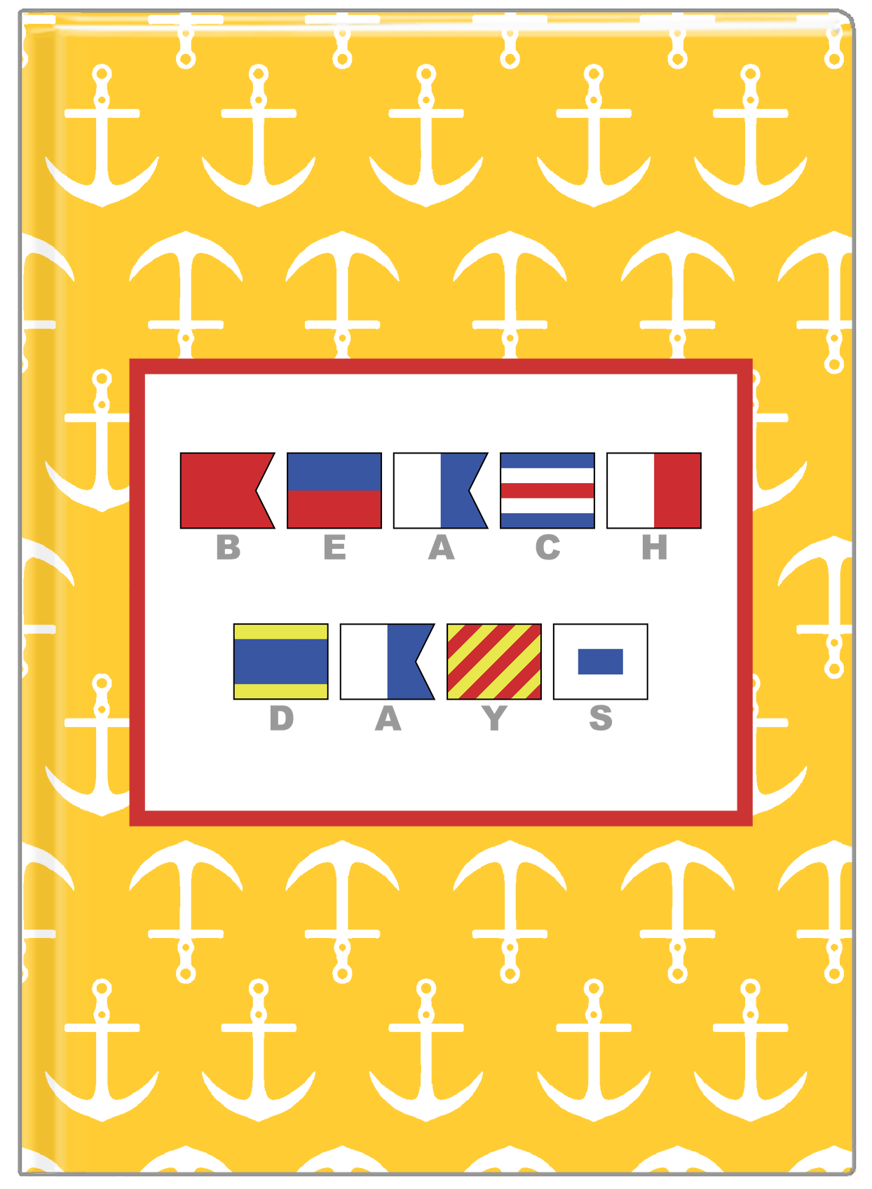 Personalized Nautical Flags Journal with Anchors - Yellow and Red - Flags with Grey Letters - Front View