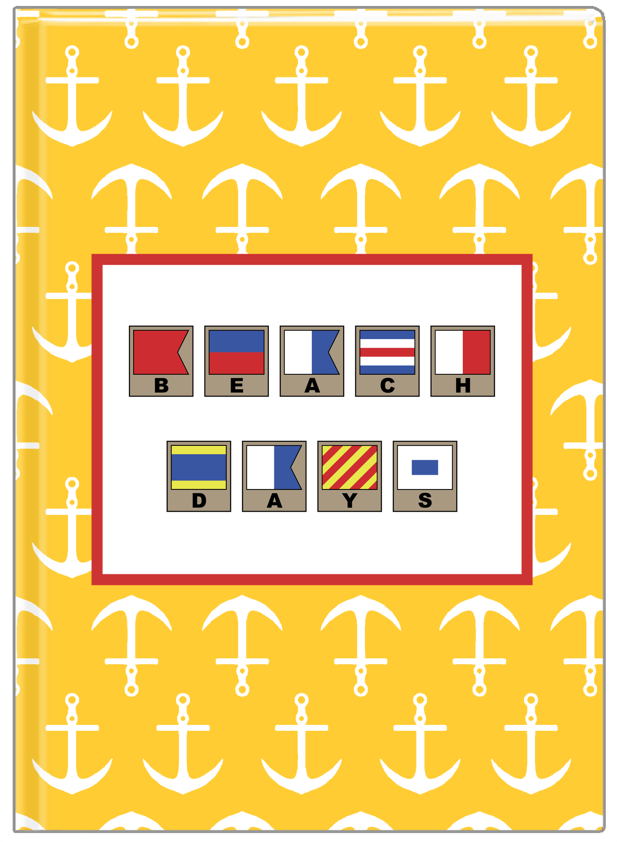 Personalized Nautical Flags Journal with Anchors - Yellow and Red - Flags with Light Brown Frames - Front View