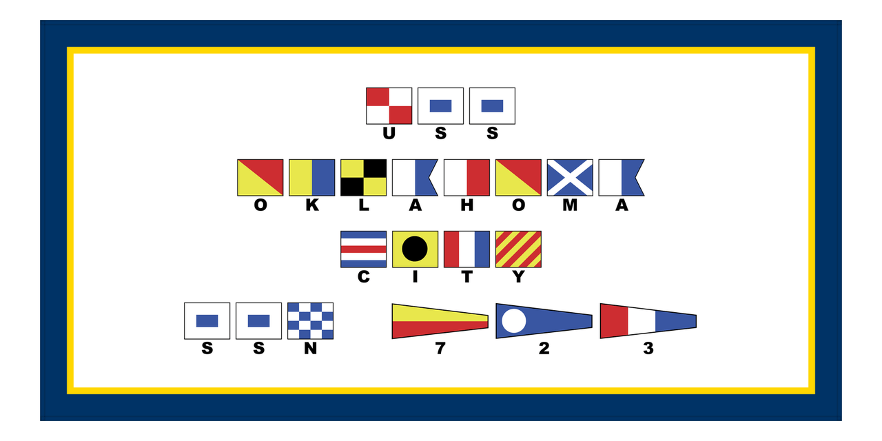 Personalized Nautical Flags Beach Towel - Navy Blue and Gold - Flags with Small Letters - Front View