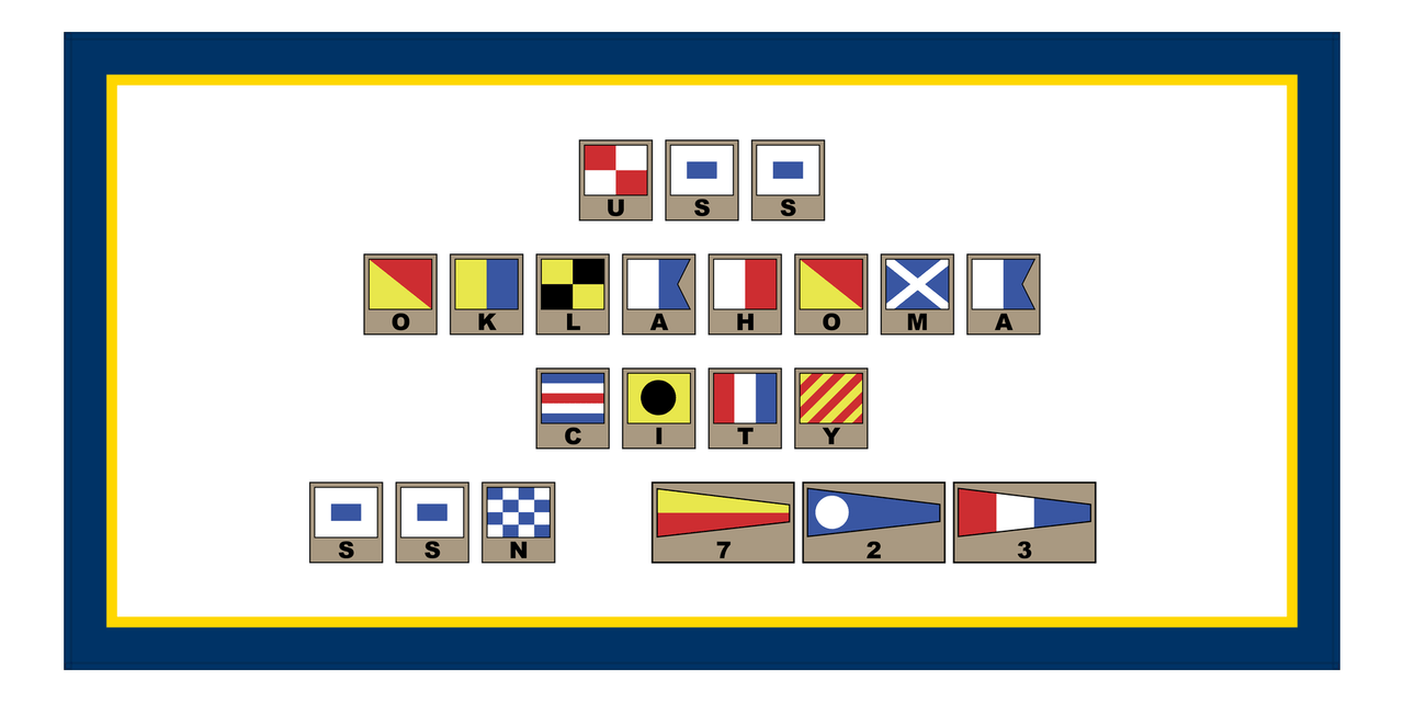 Personalized Nautical Flags Beach Towel - Navy Blue and Gold - Flags with Light Brown Frames - Front View