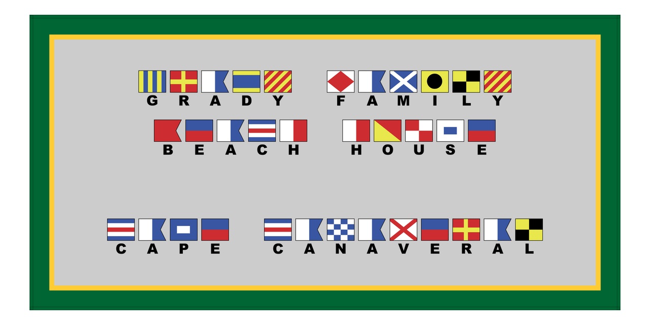 Personalized Nautical Flags Beach Towel - Green and Gold - Flags with Large Letters - Front View