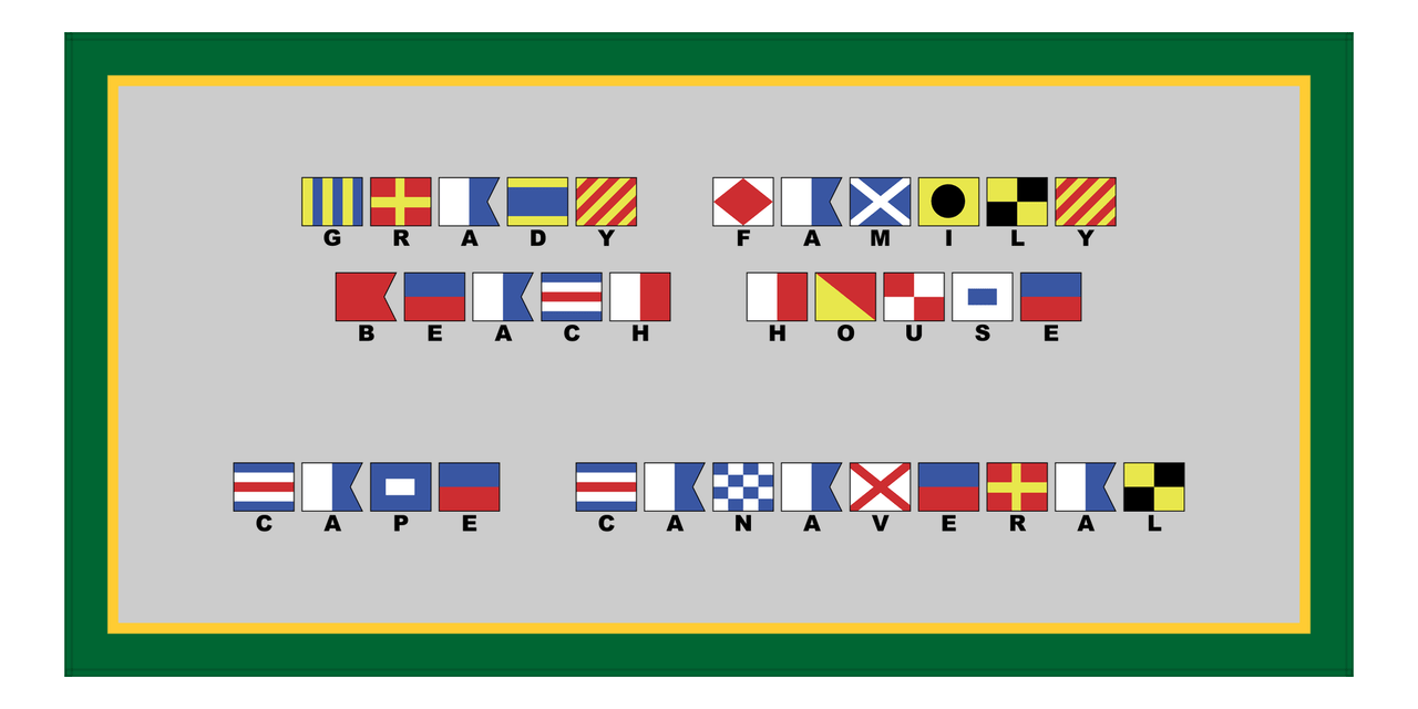 Personalized Nautical Flags Beach Towel - Green and Gold - Flags with Small Letters - Front View
