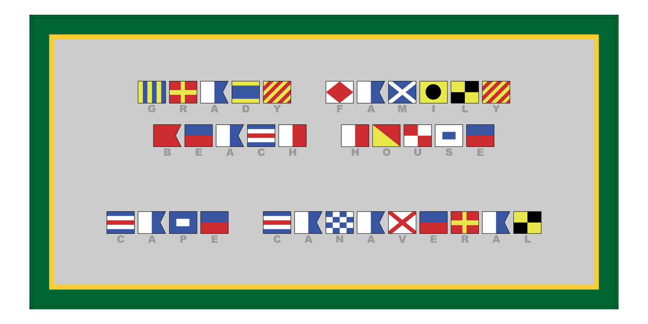 Personalized Nautical Flags Beach Towel - Green and Gold - Flags with Grey Letters - Front View