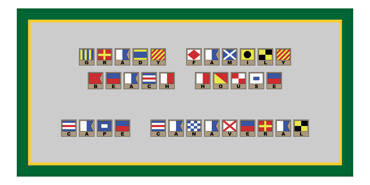 Personalized Nautical Flags Beach Towel - Green and Gold - Flags with Light Brown Frames - Front View