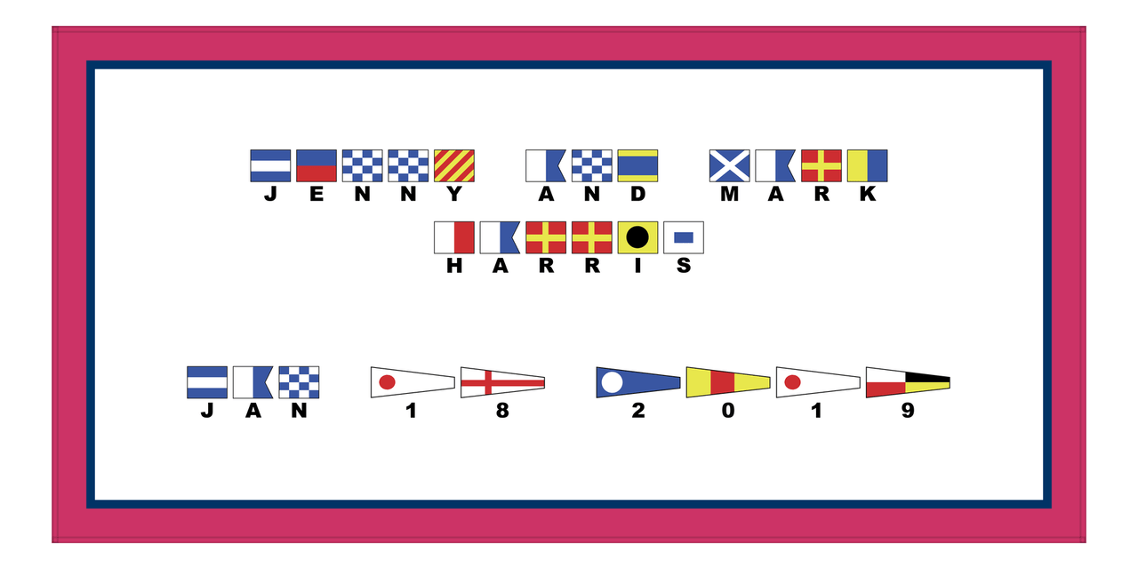 Personalized Nautical Flags Beach Towel - Pink and Blue - Flags with Large Letters - Front View