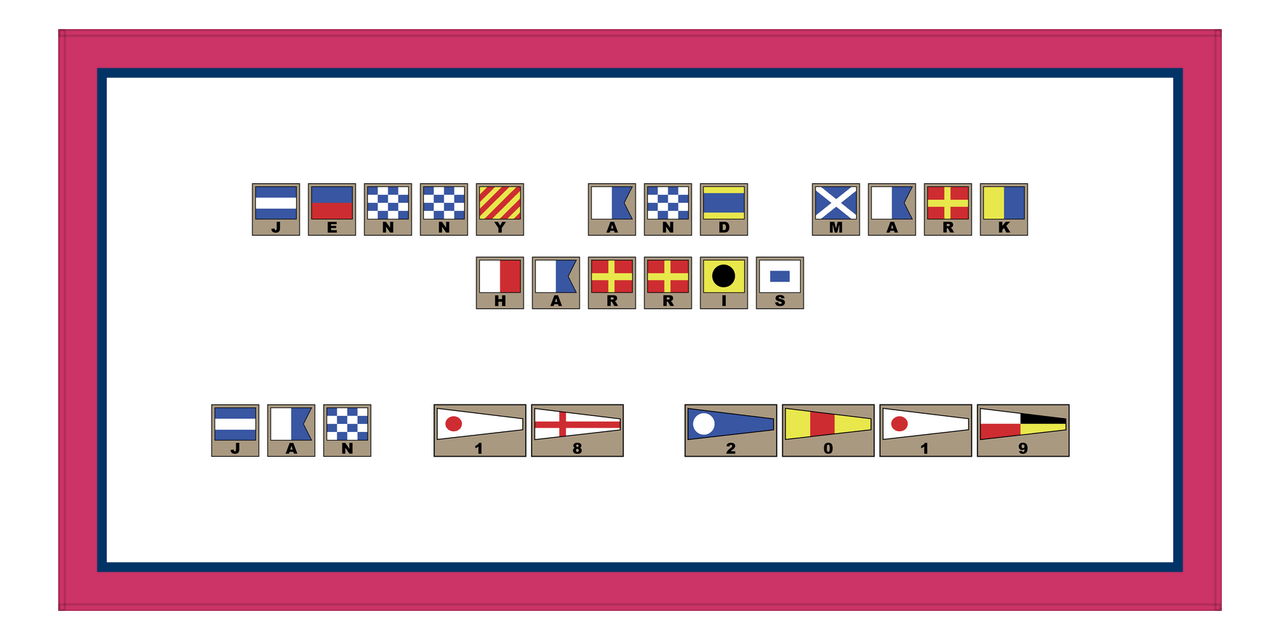 Personalized Nautical Flags Beach Towel - Pink and Blue - Flags with Light Brown Frames - Front View