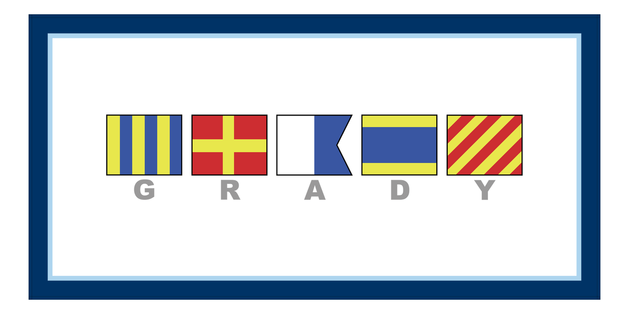 Personalized Nautical Flags Beach Towel - Navy and Blue - Flags with Grey Letters - Front View