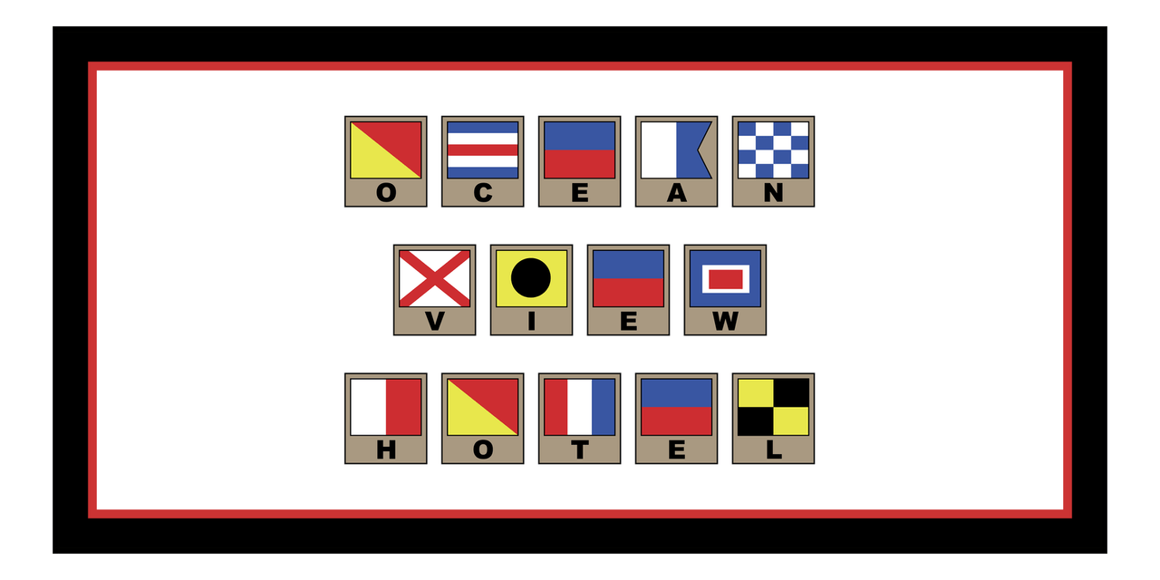 Personalized Nautical Flags Beach Towel - Black and Red - Flags with Light Brown Frames - Front View