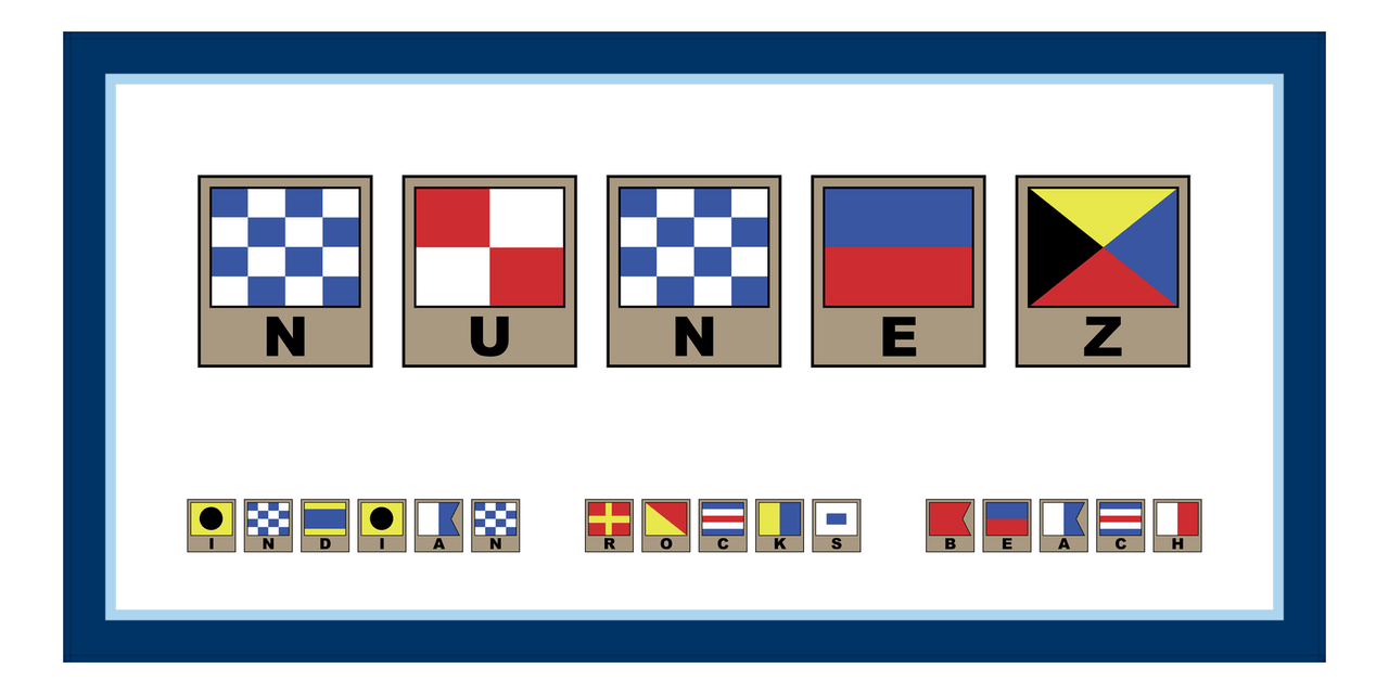 Personalized Nautical Flags Beach Towel II - Navy and Blue - Flags with Light Brown Frames - Front View