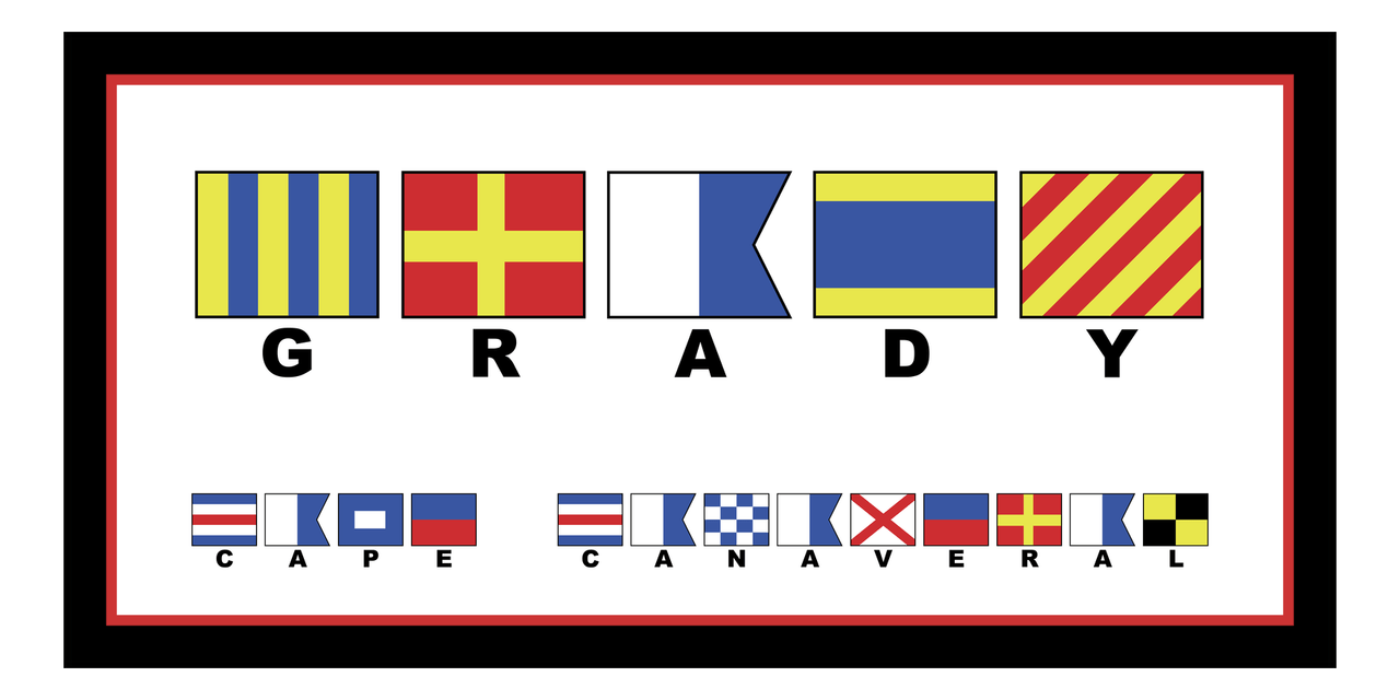 Personalized Nautical Flags Beach Towel II - Black and Red - Flags with Small Letters - Front View