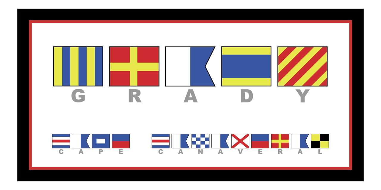 Personalized Nautical Flags Beach Towel II - Black and Red - Flags with Grey Letters - Front View