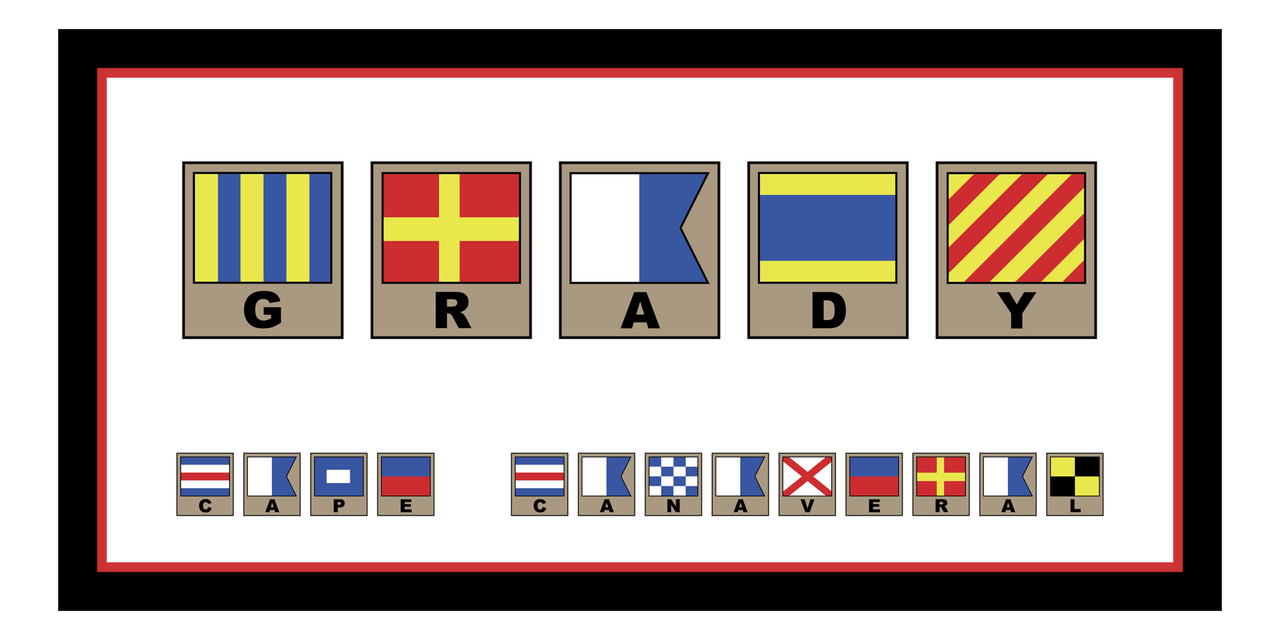 Personalized Nautical Flags Beach Towel II - Black and Red - Flags with Light Brown Frames - Front View