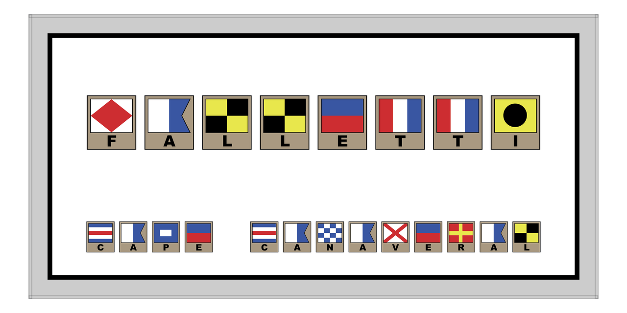 Personalized Nautical Flags Beach Towel II - Grey and Black - Flags with Light Brown Frames - Front View