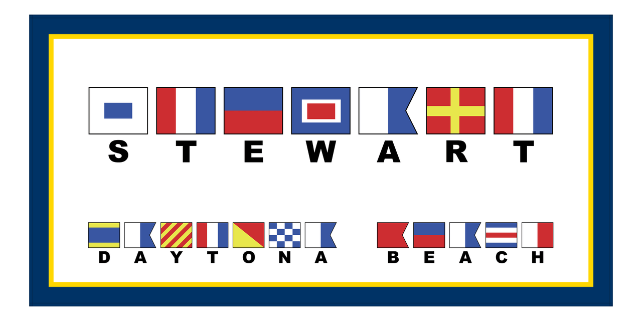 Personalized Nautical Flags Beach Towel II - Navy Blue and Gold - Flags with Large Letters - Front View