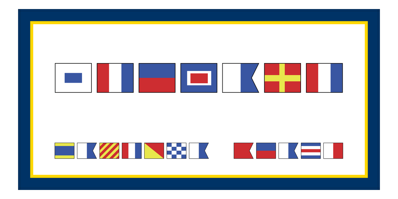 Personalized Nautical Flags Beach Towel II - Navy Blue and Gold - Flags without Letters - Front View