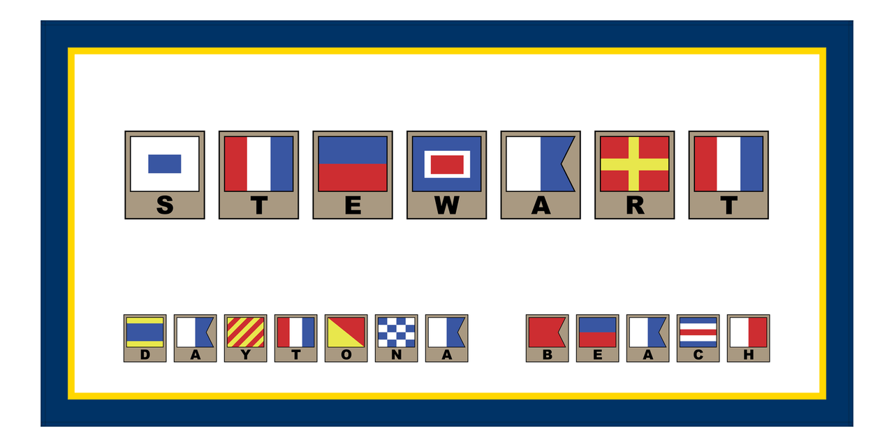 Personalized Nautical Flags Beach Towel II - Navy Blue and Gold - Flags with Light Brown Frames - Front View