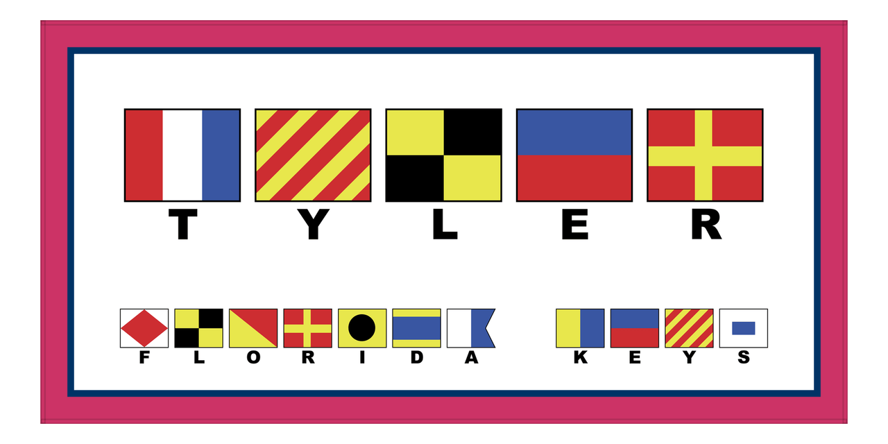 Personalized Nautical Flags Beach Towel II - Pink and Blue - Flags with Small Letters - Front View
