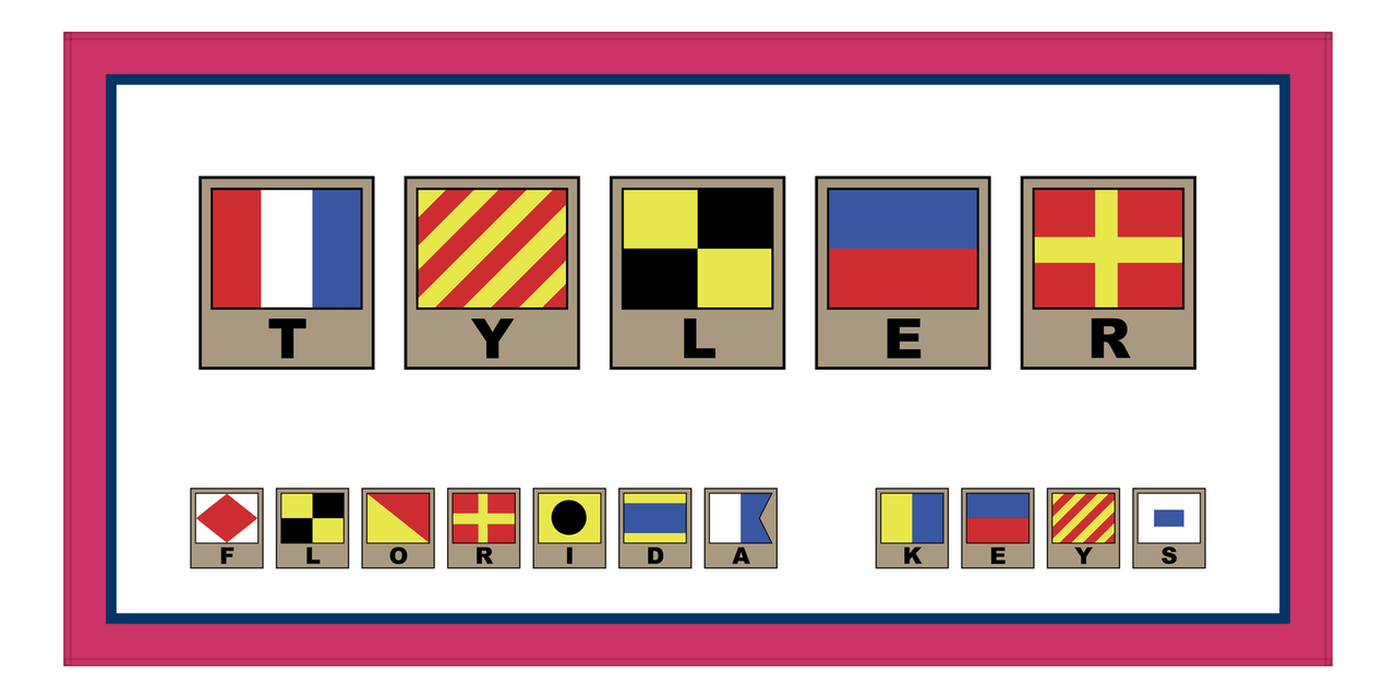 Personalized Nautical Flags Beach Towel II - Pink and Blue - Flags with Light Brown Frames - Front View