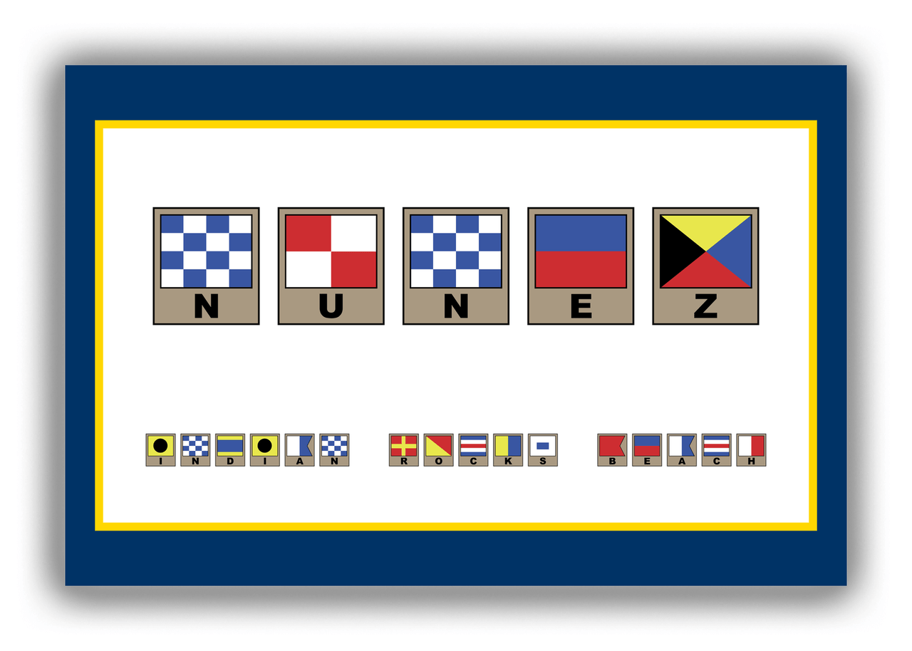 Personalized Nautical Flags Canvas Wrap & Photo Print II - Navy Blue and Gold - Flags with Light Brown Frames - Front View