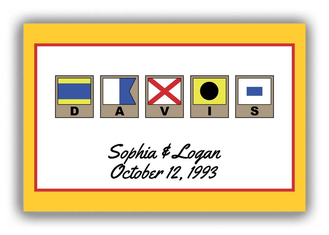 Personalized Nautical Flags Canvas Wrap & Photo Print III - Yellow and Red - Flags with Light Brown Frames - Front View