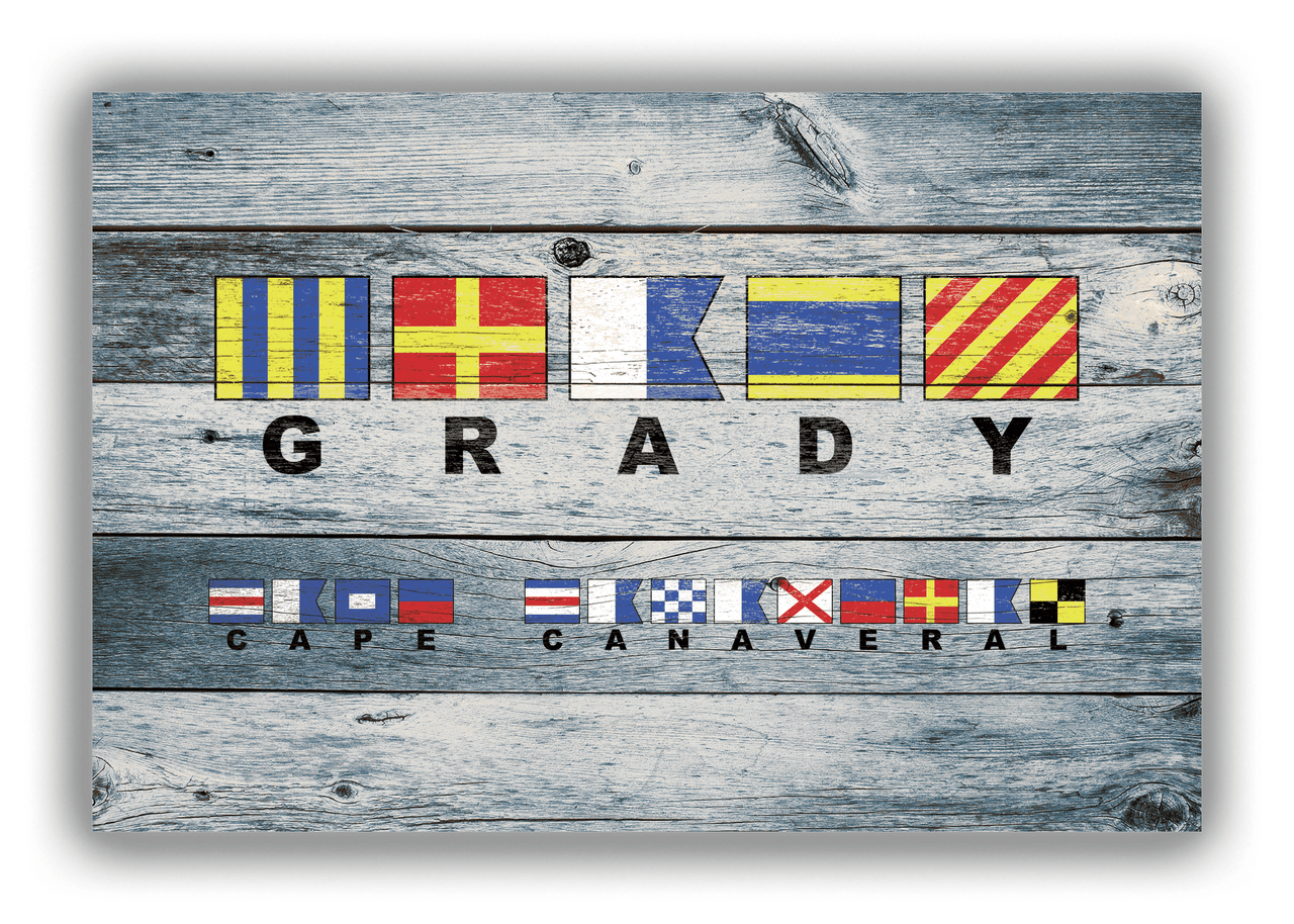 Personalized Nautical Flags Wood Grain Canvas Wrap & Photo Print - Two Text Areas - Blue Wash Wood - Front View