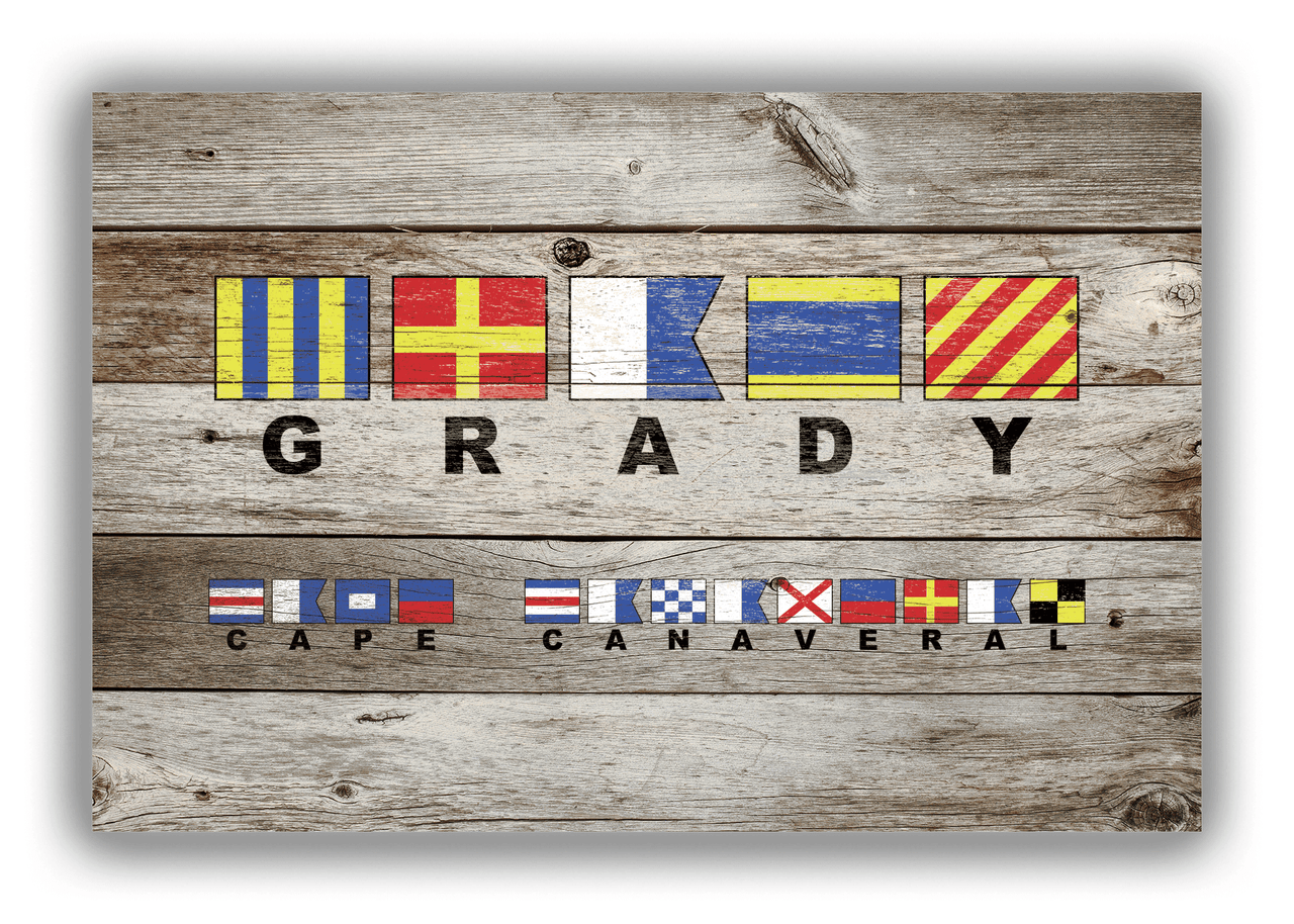 Personalized Nautical Flags Wood Grain Canvas Wrap & Photo Print - Two Text Areas - Old Grey Wood - Front View