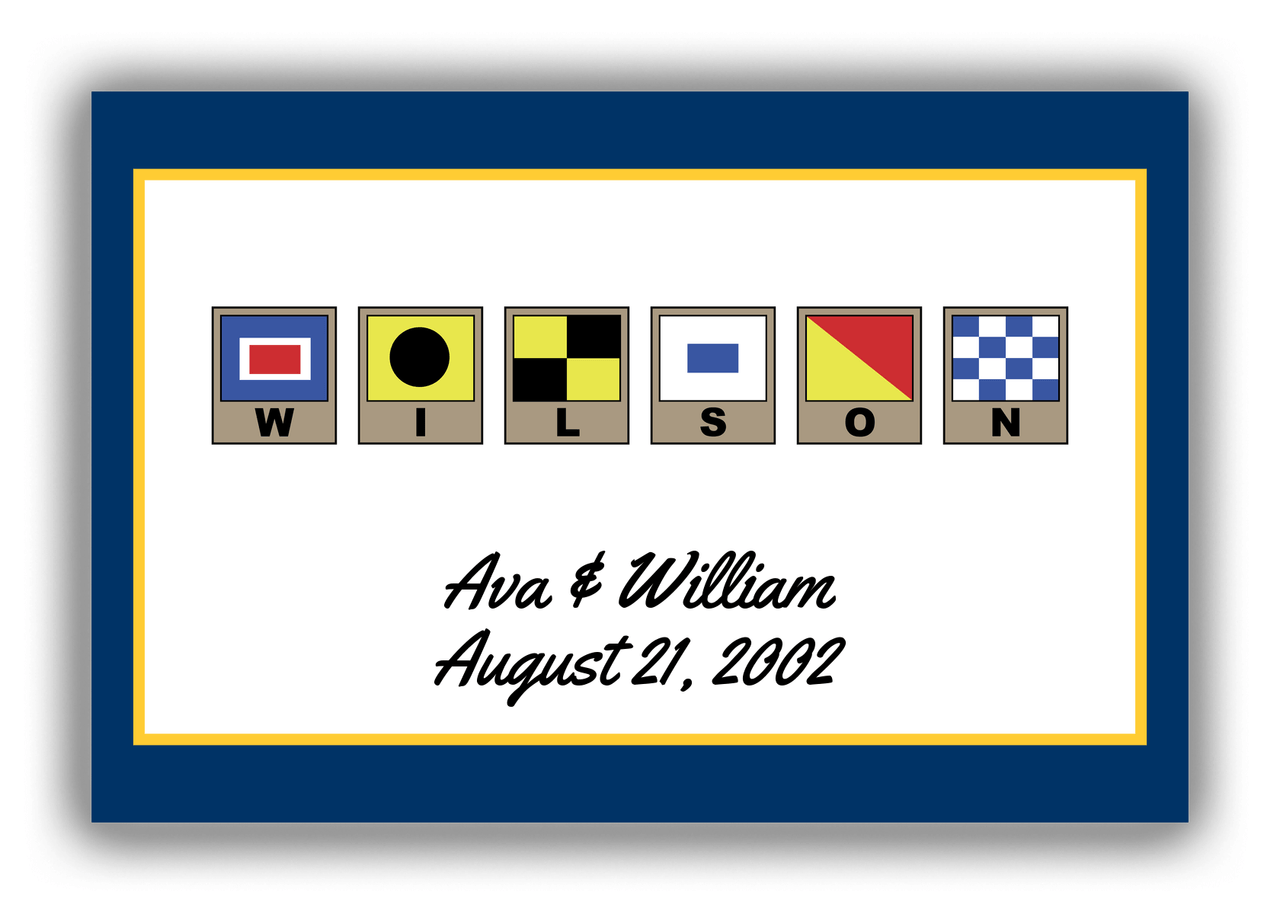 Personalized Nautical Flags Canvas Wrap & Photo Print III - Navy and Yellow - Flags with Light Brown Frames - Front View