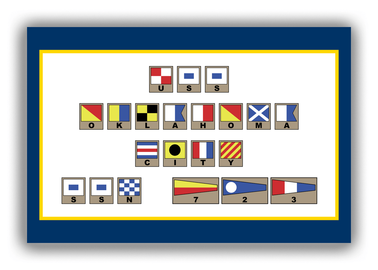 Personalized Nautical Flags Canvas Wrap & Photo Print - Navy Blue and Gold - Flags with Light Brown Frames - Multi-Line - Front View