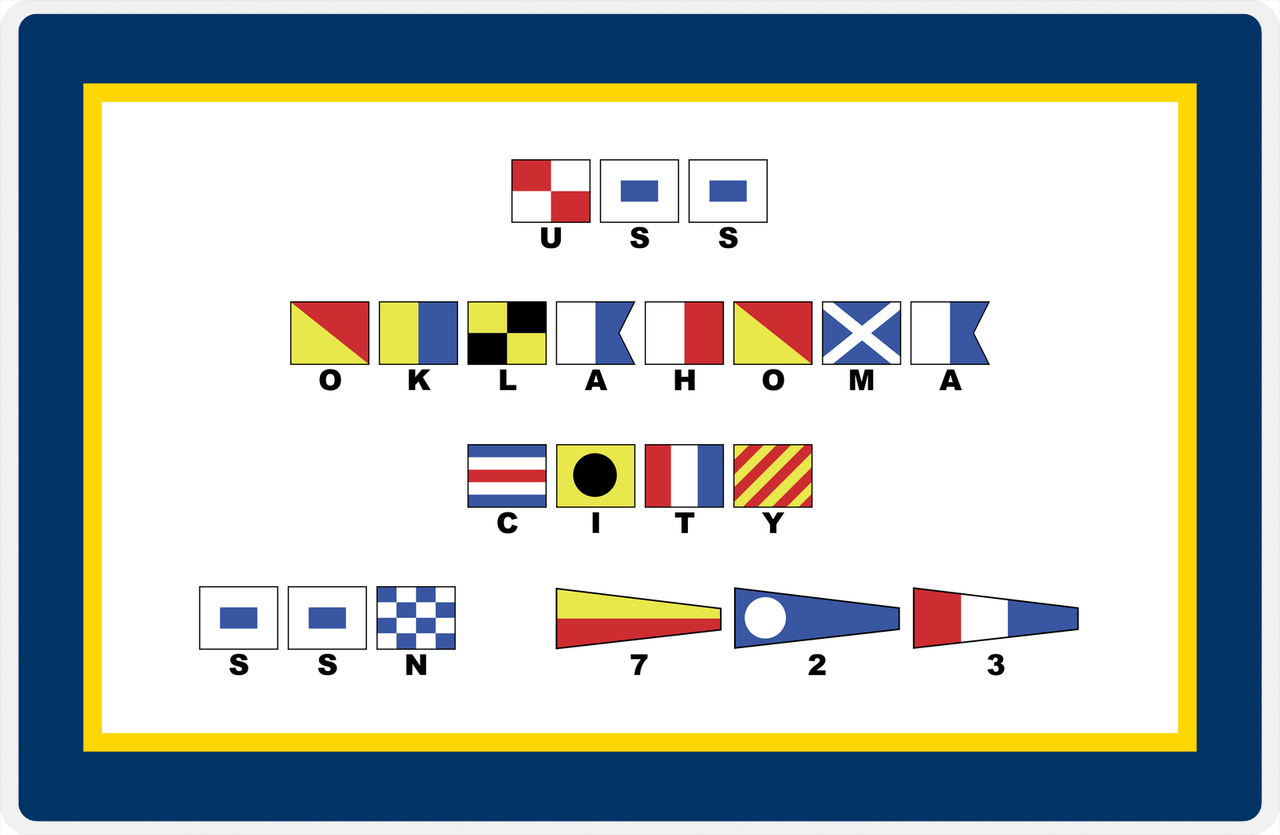 Personalized Nautical Flags Placemat - Navy Blue and Gold - Flags with Small Letters -  View