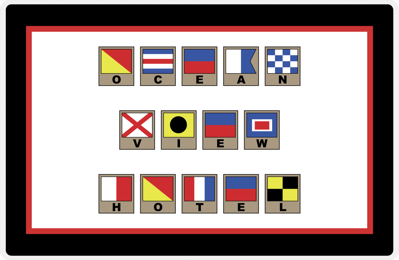 Personalized Nautical Flags Placemat - Black and Red - Flags with Light Brown Frames -  View