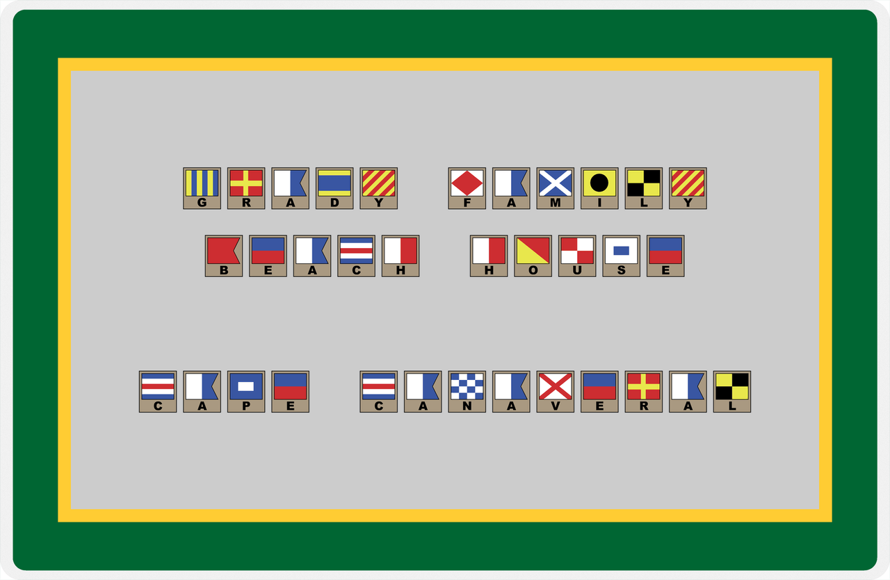 Personalized Nautical Flags Placemat - Green and Gold - Flags with Light Brown Frames -  View
